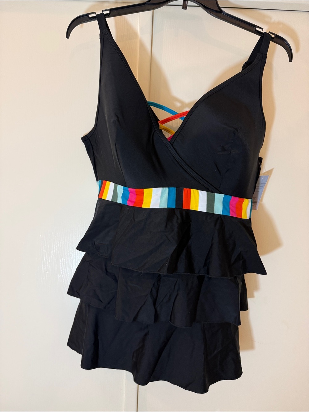 Black Ruffled Tankini Swimsuit with Multi-Color Stripe Accent - Cacique